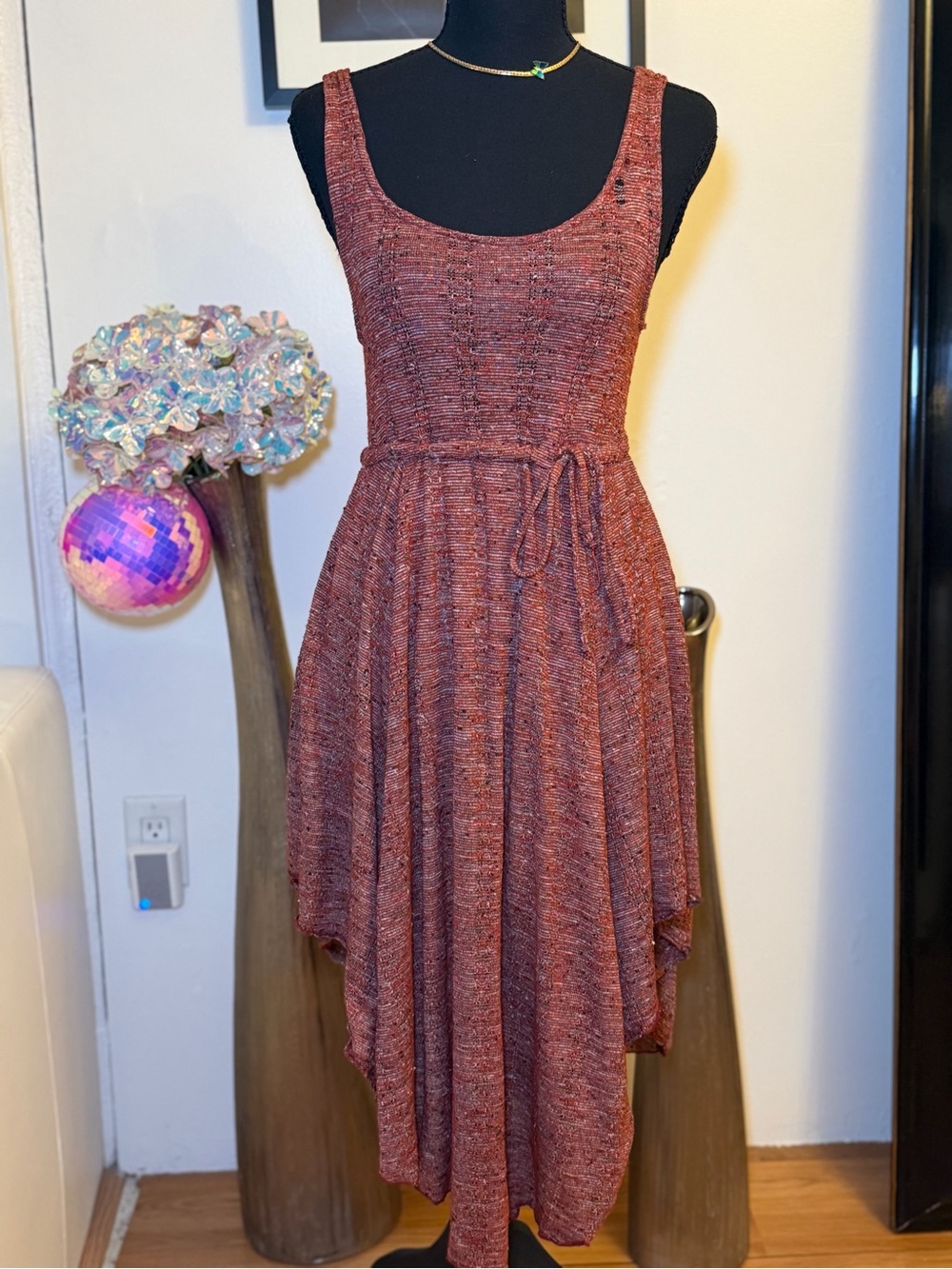 Free People Beach Sleeveless Rust Midi Knit Dress with Waist Tie